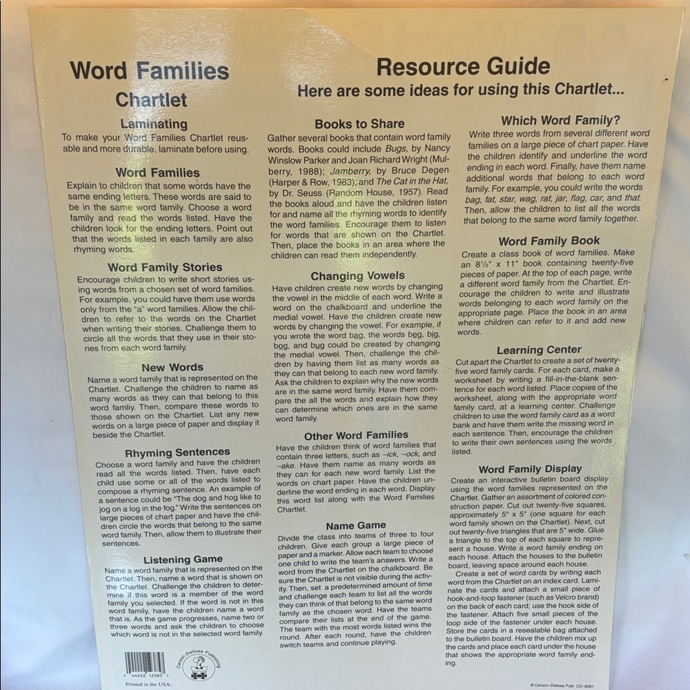 LAMINATED EDUCATIONAL WORD FAMILIES POSTER- 22”X17” - Picture 5 of 7